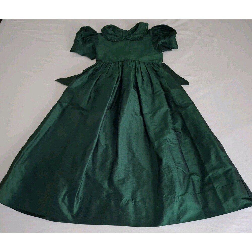 Girls Custom Green Taffeta Dress Tie Back Holiday Special Occasion Sz 8 EUC
